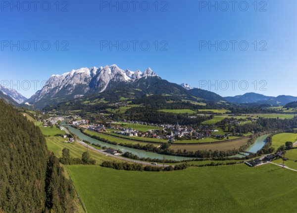 Drone shot, view of village with church, Pfarrwerfen, Tennengebirge, Salzachtal, Pongau, Salzburg