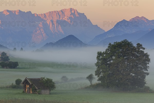 Mountain landscape, fog, hut, morning light, alpenglow, cloudy mood, summer, Zugspitze, Wetterstein