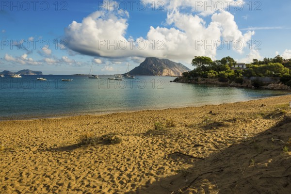 Picturesque beach and island, sunrise, Cala Girgolu, Isola di Tavolara, Porto San Paolo, Sardinia,
