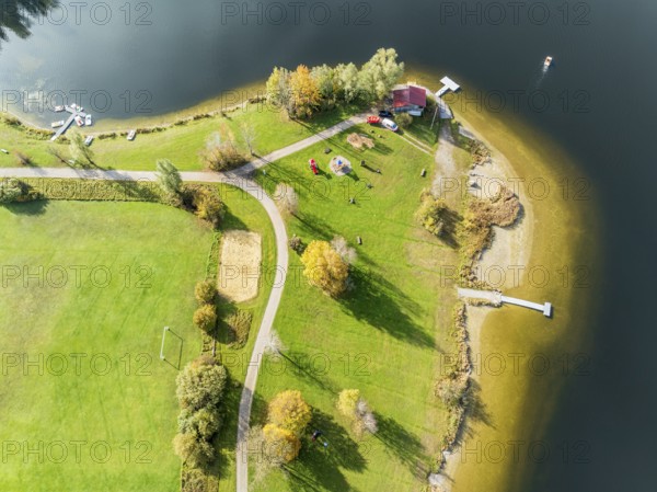 Sports facility and bathing area, lake Rottachsee, at village Petersthal, autumn, aerial view,