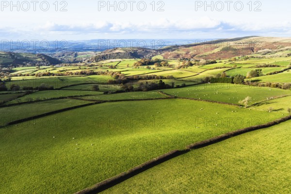 Farms over Black Mountain from a drone, Brecon Beacons National Park, Carmarthenshire, Wales,