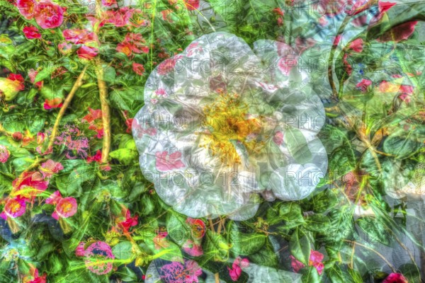 Creative photo, dog rose (Rosa canina), flower alienated, leaves, plants, creative, colourful, all