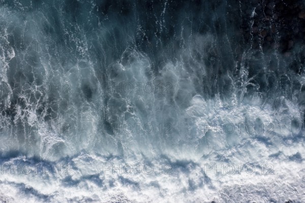 Waves on the beach, turquoise sea and black pebble beach, aerial view, La Gomera, Canary Islands,