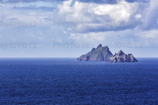 Two rocky islands in the sea, Skellig Michael and Little Skellig, panoramic road Skellig Ring,