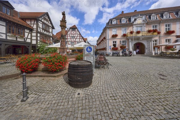 Market fountain on the market square in Michelstadt, Odenwald, Odenwaldkreis, Hesse, Germany,