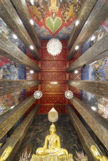 Frog's-eye view: coffered ceiling and golden Buddha statue, Bhumispara-mudra, Buddha Gautama at the