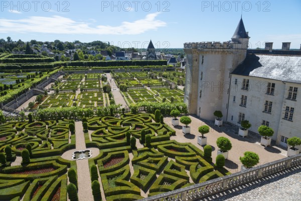 Castle with adjoining, geometrically designed garden with hedges and well-tended paths on a sunny