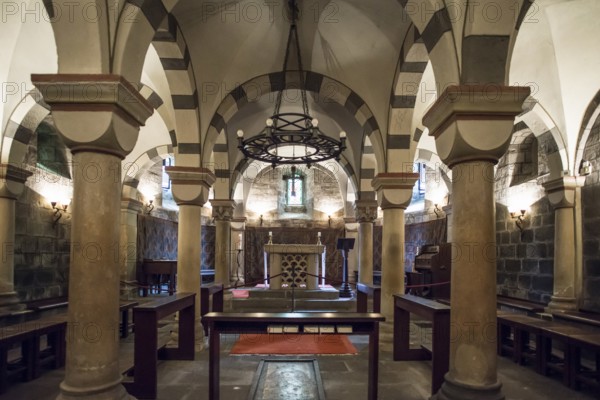 Interior view, crypt, Romanesque monastery church, Maria Laach Benedictine Abbey, Eifel,