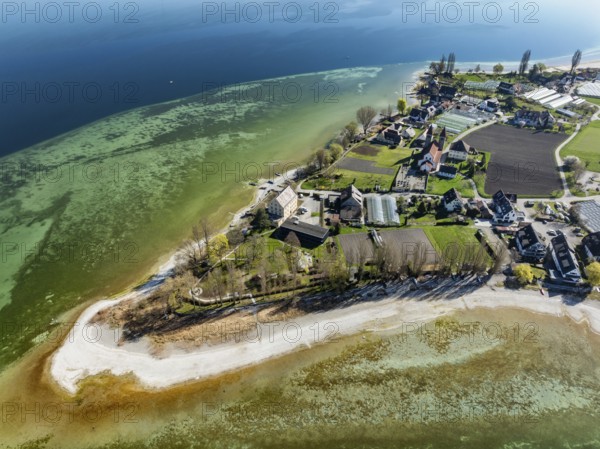 Aerial view of the north-western tip of the island of Reichenau at low tide, Lake Constance,