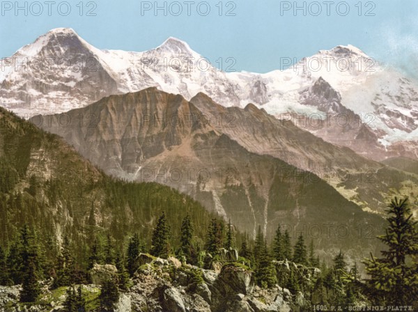 Schynige Platte, Eiger, Mönch und Jungfrau, Bernese Oberland, Switzerland, Historic, digitally