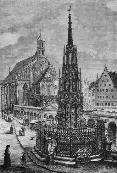 Market square with Schöner Brunnen and Gothic Church of Our Lady, Roman Catholic parish church of