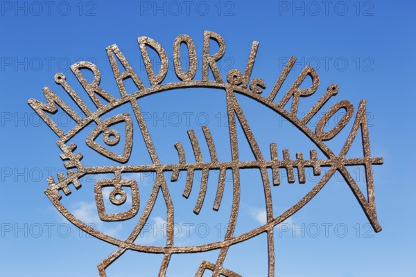 Iron sign, Mirador del Rio, sculpture by architect Cesar Manrique, landmark, Lanzarote, Canary
