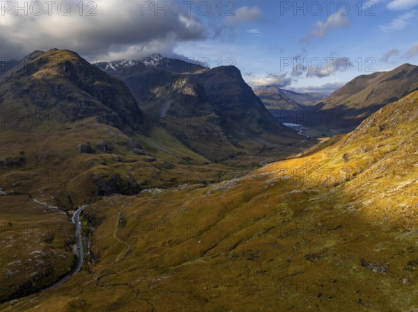 Cloudy mood, morning light, road, valley, mountains, aerial view, autumn, Glencoe, Three Sisters,