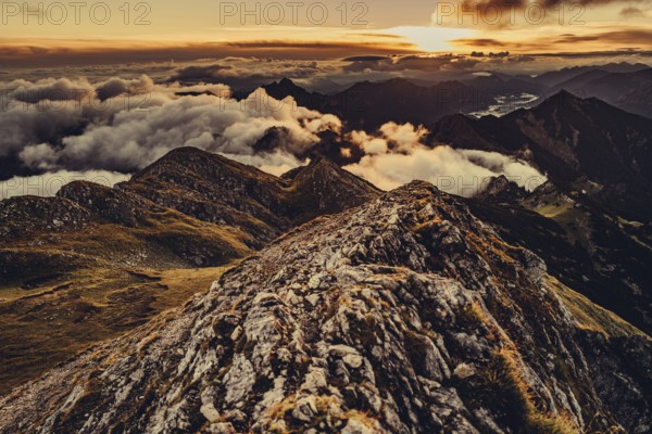 Sunrise hike on the Hochplatte in the Ammergau Alps, Ammergebirge in the Allgäu, Bavaria, Germany,