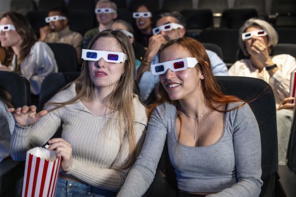 Two young women wearing 3d glasses are watching a movie and eating popcorn in a crowded movie