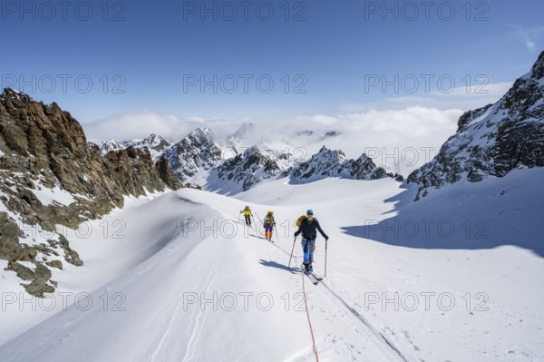 Ski tourer with rope, rope team on the Vadret da Porchabella glacier on the ascent to the summit of