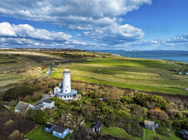Portland Bird Observatory from a drone, Bill Lighthouse, Portland Bill, Isle of Portland, Dorset,