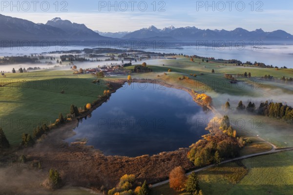 Aerial view of a small lake and autumn-coloured trees in front of mountains in the morning light,