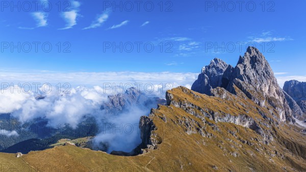 The Sas Rigais and Furchetta peaks of the Odle Group, drone shot, Val Gardena, Dolomites,