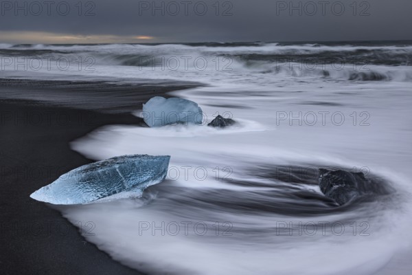 Ice floes, beach, sea, waves, cloudy, Diamond Beach, Breidamerkursandur, Jökulsarlon, Iceland,