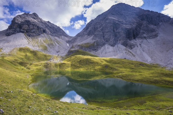 Rappensee, behind it Hochgundspitze, 2459m, and Rappenseekopf, 2468m, Allgaeu Alps, Allgaeu,