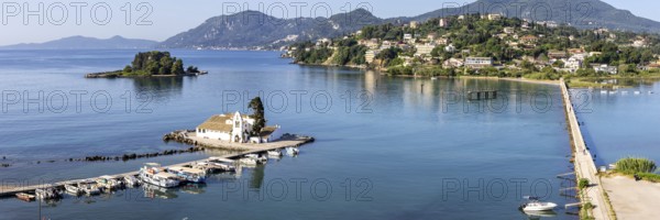 Vlacherna Monastery and Mouse Island in the Mediterranean from above Panorama on the island of