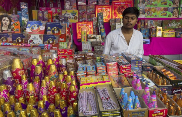 Various firecrackers displayed for sell at a market on the eve of Diwali, the Hindu festival of