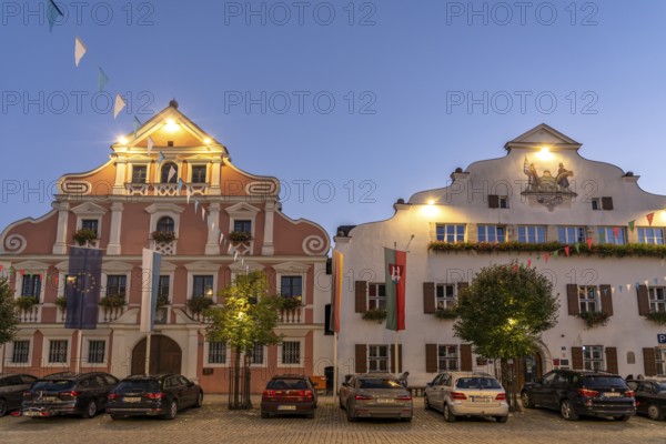 The New Town Hall and the Old Town Hall in the historic centre of Kelheim at dusk, Lower Bavaria,