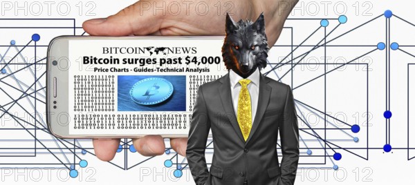 Symbolic image, wolf in a suit, digital currency, Bitcoin, resources, energy, industry, economy