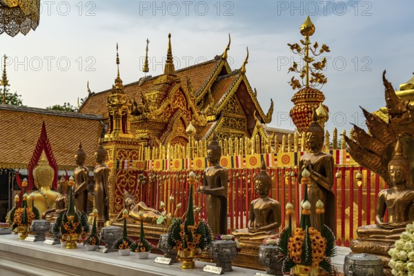 Buddha statues in the Buddhist temple complex Wat Phra That Doi Suthep, landmark of Chiang Mai,