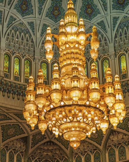 Dome and illuminated chandelier in the Sultan Qaboos Mosque, Muscat, Arabian Peninsula, Sultanate
