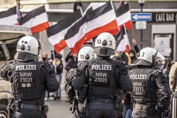 The neo-Nazi group Jung und Stark, JS, demonstrates in the city centre of Essen, demanding the