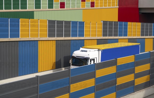 Colourful noise barriers on the A52 motorway, at the Essen-Rüttenscheid junction, the noise