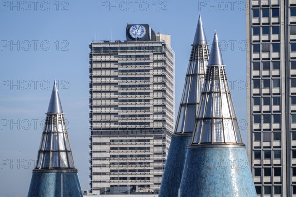 Building of the UN Campus in Bonn, towers, light cone of the Bundeskunsthalle, Museum Mile, North