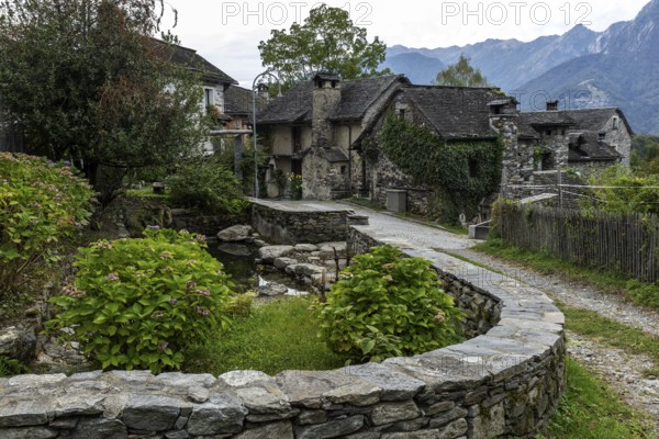 Typical Ticino stone houses in the mountain village of Bordei, Centovalli, Canton Ticino,