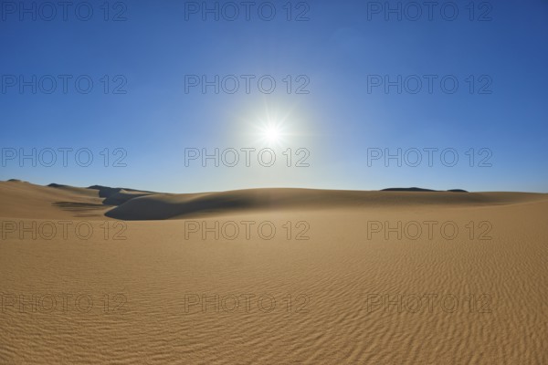 The endless expanse of a desert with golden sand dunes under a bright blue sky and the glistening