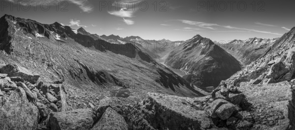 Panorama, Impressive mountain landscape, Schlegeis reservoir, in black and white with dramatic sky,