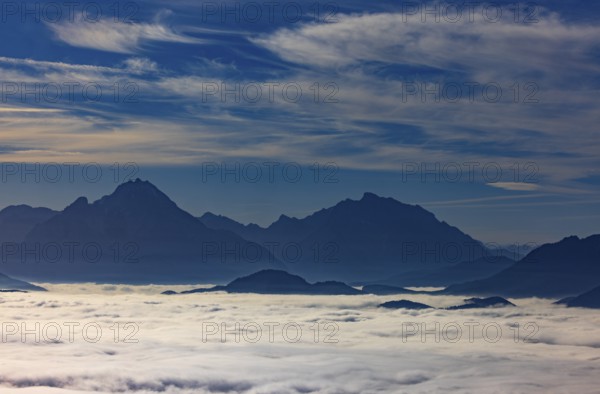 View from Schwarzenberg to a sea of fog in the Salzach valley with Watzmann, Osterhorn group,