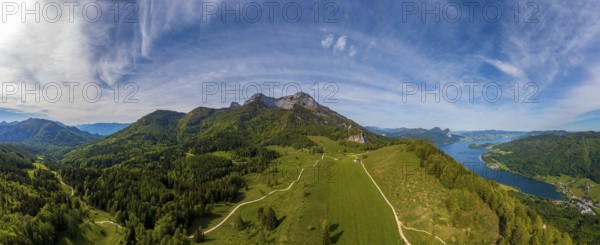Drone shot, Eisenaualm with Schafberg and Mondsee, Osterhorn group, Salzkammergut, Salzburg