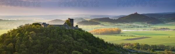 View of the ruins of Gleichen Castle and Wachsenburg Fortress, morning light, Drei Gleichen,
