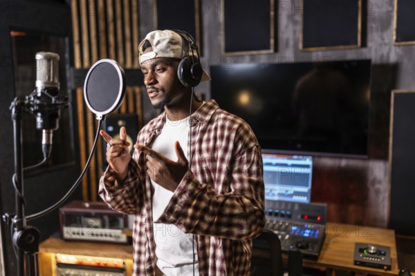 Young man recording vibrant vocals for an exciting new pop music album in a state of the art