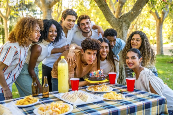Young caucasian man blowing candles of birthday cake during picnic with multi-ethnic friends in a
