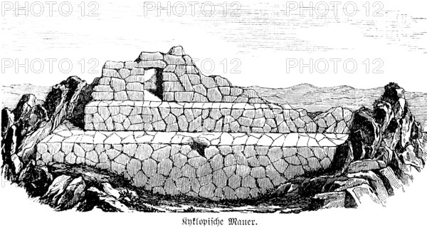 Cyclopean wall or cyclopean masonry (opus siliceum), wall made of irregular stones or rocks, with