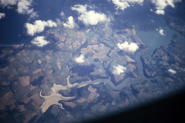 Portrait oblique aerial view of tributaries in the Fal estuary near Lamorran, Cornwall, England, UK