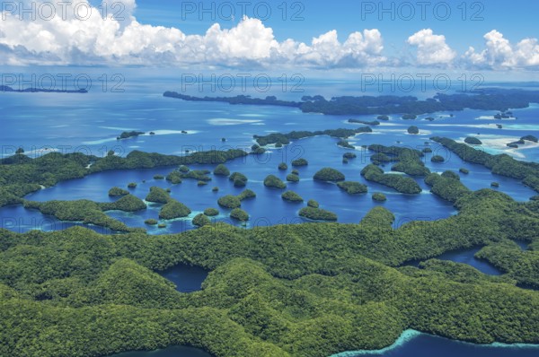 Aerial view of 70 Rock Islands green islands in island paradise island state Palau in the Pacific