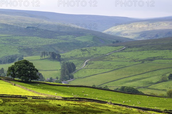 Farms over North Pennines, Cumbria, Durham, Northumberland, North Yorkshire, England, United