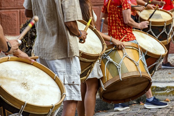 Percussionists and their drums on the streets of Recife during brazilian Carnival, Recife,