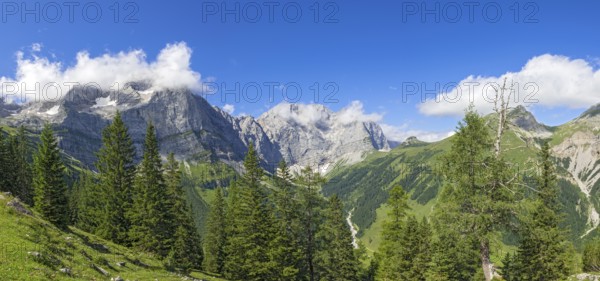 Spritzkarspitze and Grubenkarspitze, seen from Drijaggenalm, Karwendel Mountains, Tyrol, Austria,