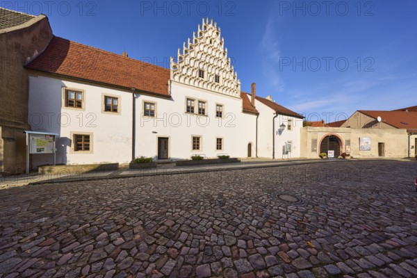 Museum Mühlberg 1547, Façade with gable and blue sky, Klosterstra0e, Mühlberg Elbe, Elbe-Elster