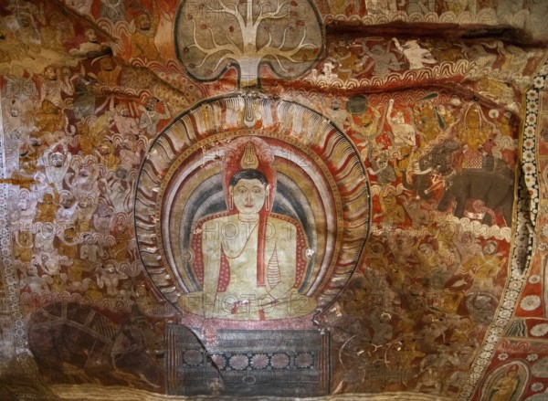 Ceiling fresco of a seated Buddha in the Dambulla cave temple, Dambulla, Central Province, Sri